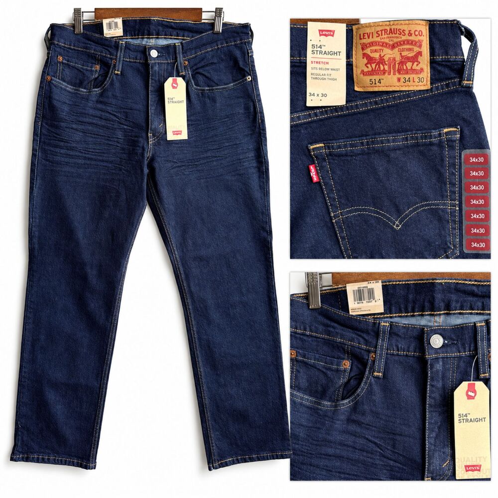 NWT Levi’s 514 Jeans Men's 34x30 Blue Dark Wash Regular Straight Stretch Denim